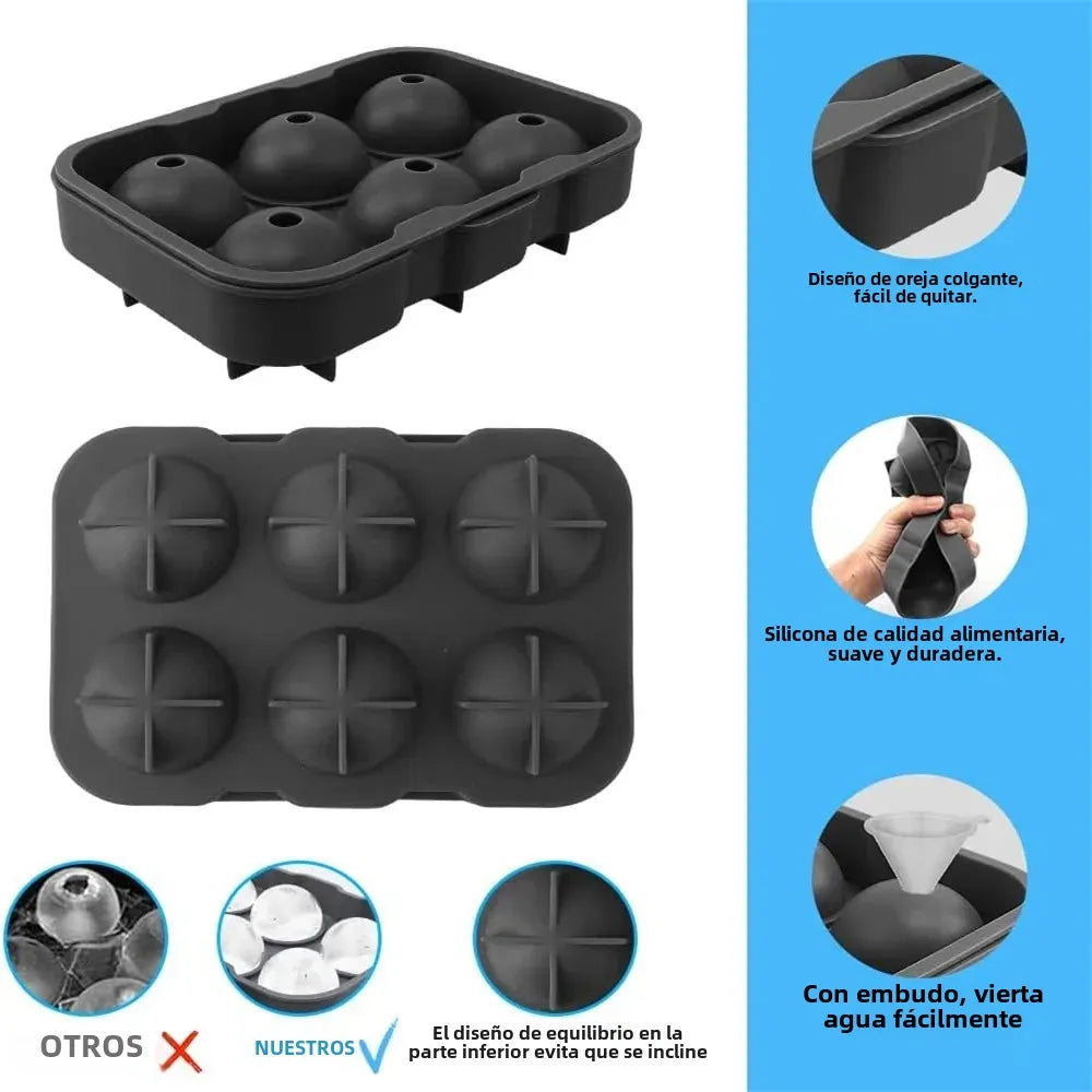Molde de silicona con tapa diseñado para crear esferas de hielo grandes y redondas (efecto 3D). Es ideal para usar en cócteles y otras bebidas ➡️ Zyra