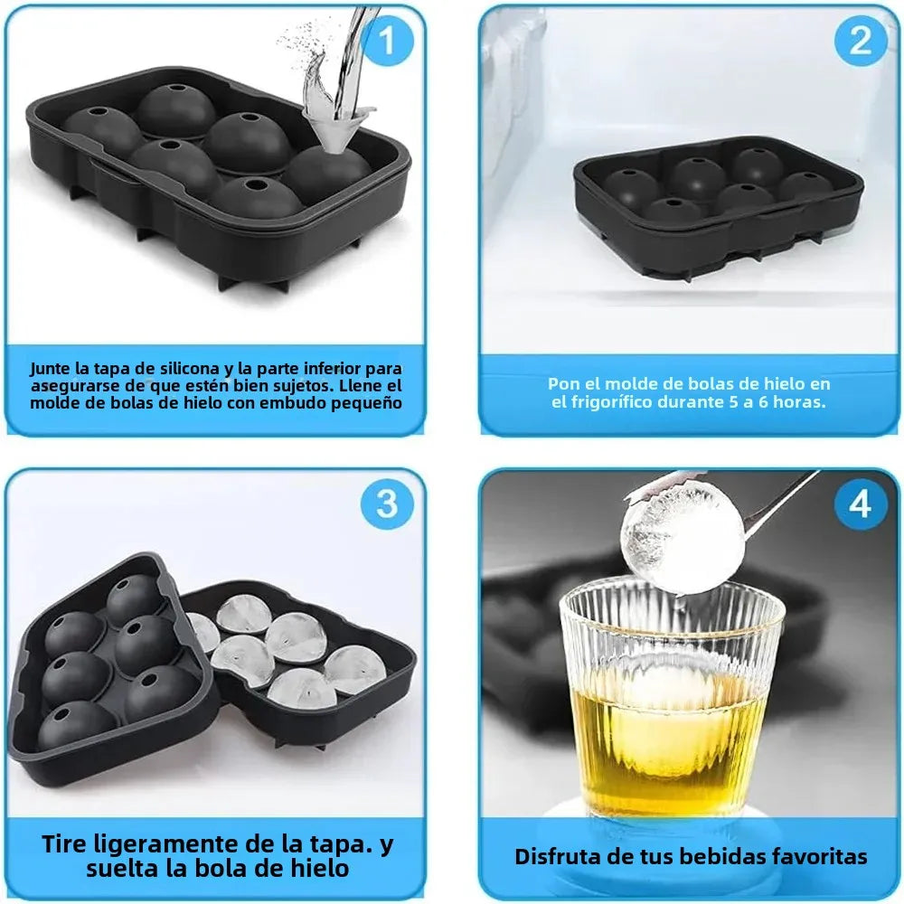Molde de silicona con tapa diseñado para crear esferas de hielo grandes y redondas (efecto 3D). Es ideal para usar en cócteles y otras bebidas ➡️ Zyra